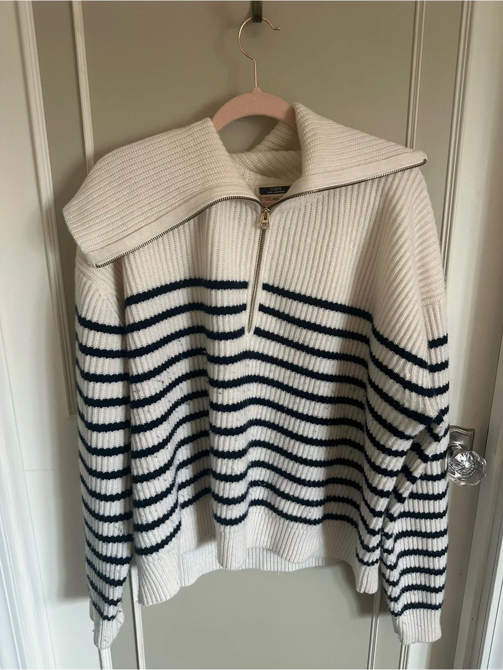 J. Crew Cream and Navy Striped Half-Zip Funnel Cashmere Sweater